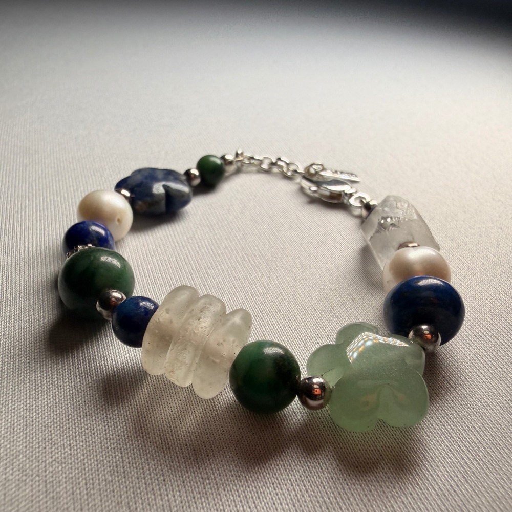 Eliou Kyle Beaded Bracelet Blue Green Lapis Jade Pearl Flower Adjustable Boho